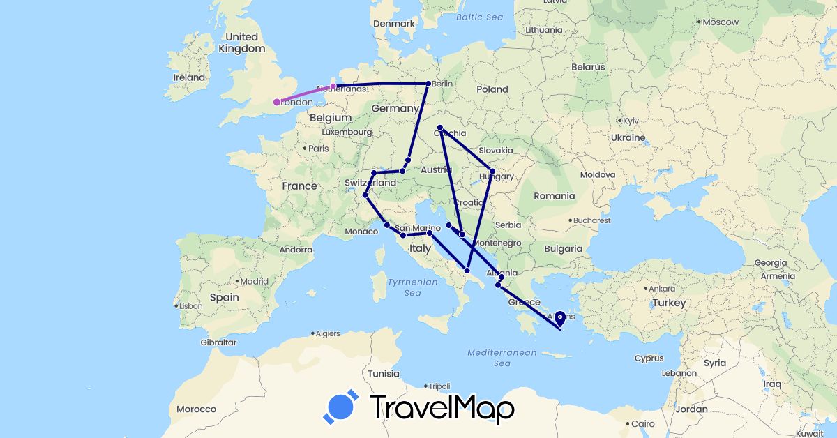 TravelMap itinerary: driving, train in Albania, Switzerland, Czech Republic, Germany, United Kingdom, Greece, Croatia, Hungary, Italy, Netherlands (Europe)